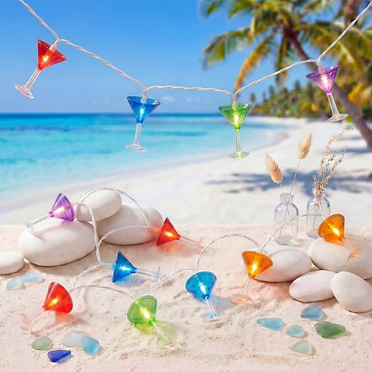 Cocktail Glass String Lights, 8.5FT 10 LED Summer String Lights with UL Certified Plug, Waterproof Tropical Party Decorations for Patio, Connectable Hawaiian Lights for Garden Backyard Bar Decor