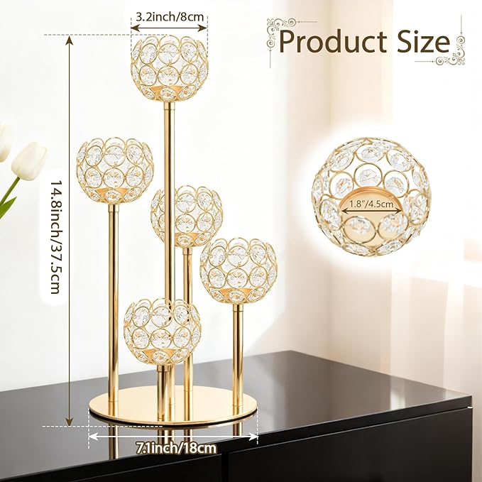 5-Arm Crystal Tealight Candelabra Centerpiece, 14.8 Inch Metal Candle Holder for Table Decor, Wedding, Christmas, Party, Anniversary & Home Decoration (2, Gold, S-14.8 in)