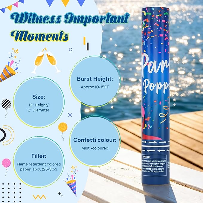 Confetti Cannon 12Inch Confetti Poppers 12 Pack Multicolor Party Poppers Confetti Shooters Air Compressed Color Popper Cannon Bulk for Graduation New Years Eve Birthday Wedding Indoor and Outdoor