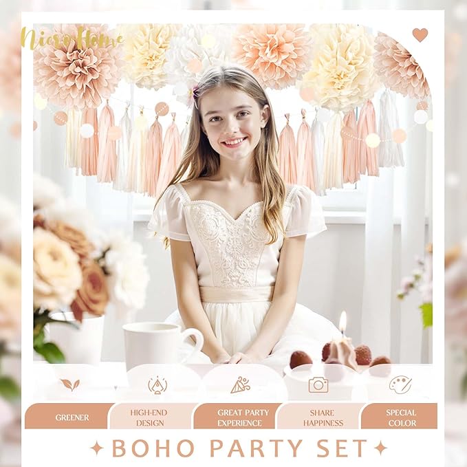 NICROHOME EUR Boho Wedding Decorations, 28PCS Rustic Neutral Creamy White Tissue Paper Pom Poms Tassel, Dots Paper Garland Decor Packages for Baby Shower Birthday Bridal Shower Party Table