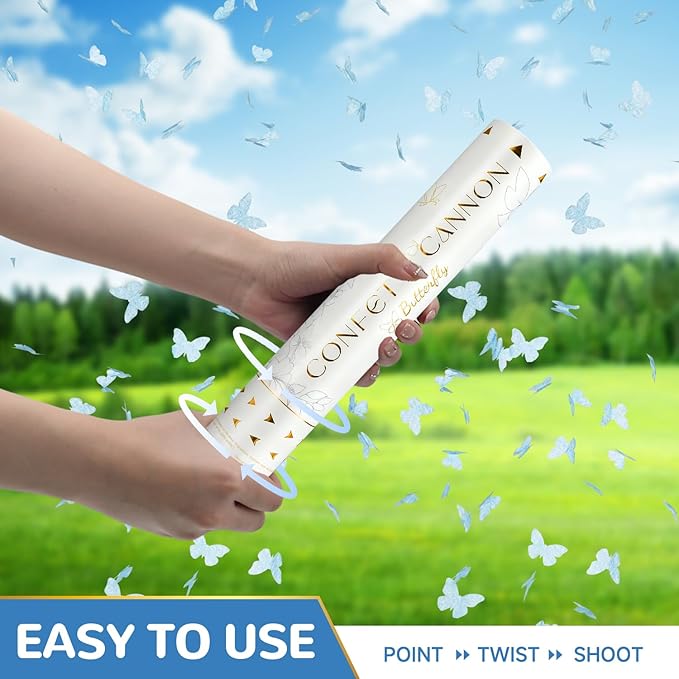 Confetti Cannon Butterfly Confetti Poppers 6 Pack Party Poppers 12 inch Blue Confetti Shooters Butterfly Sticks for Wedding Birthday Graduation Anniversary Bridal Shower Valentines Christmas New Year