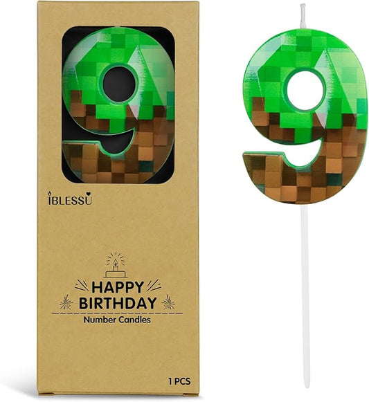 Pixel Birthday Candle, 2.68 Inch Miner Number Candles, Game Themed Candle Birthday Decoration for Pixel Theme Birthday Anniversary Dynamite Video Game Party (Green, 9)