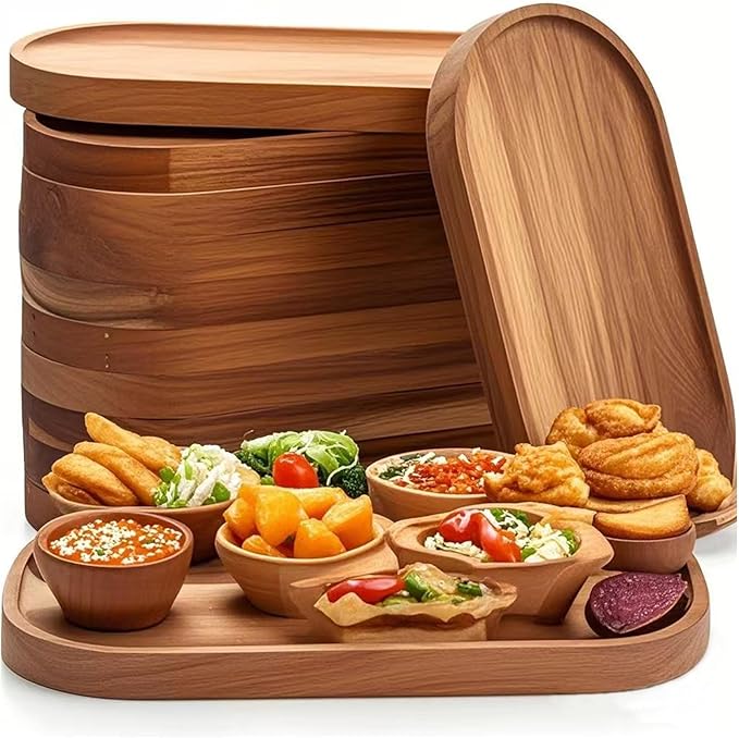 Acacia Wood Tray Set of 12, Oval Wood Serving Board Bulk, Small Charcuterie Boards, Wooden Serving Platters for Cheese Bread Fruit Dessert Tea, Kitchen Dining Catering Trays (10 x 5 x 0.59 Inch)