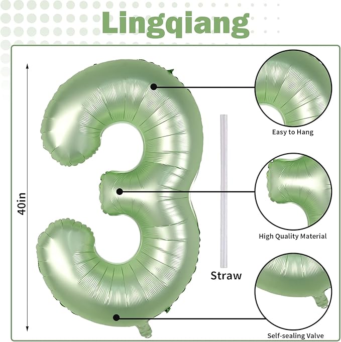 Sage Green Number 3 Balloon, 40In Large Foil Number Balloons Set 0-9 for Women, Self Inflating Olive Green Digital 3 Helium Balloon for Girls Boys 1st Birthday Jungle Safari Party Decorations Supplies