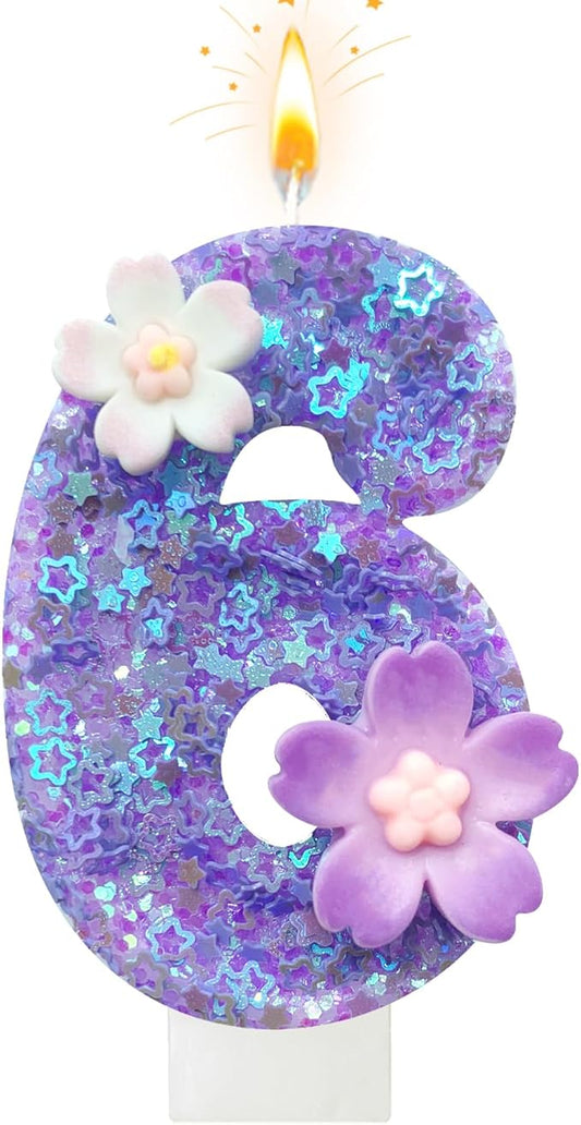 Purple Flower Birthday Candle,Number Birthday Candles for Cake, Ideal Birthday Parties Cake Decor, Wedding Anniversary and Other Celebrations (Number 6, Purple)