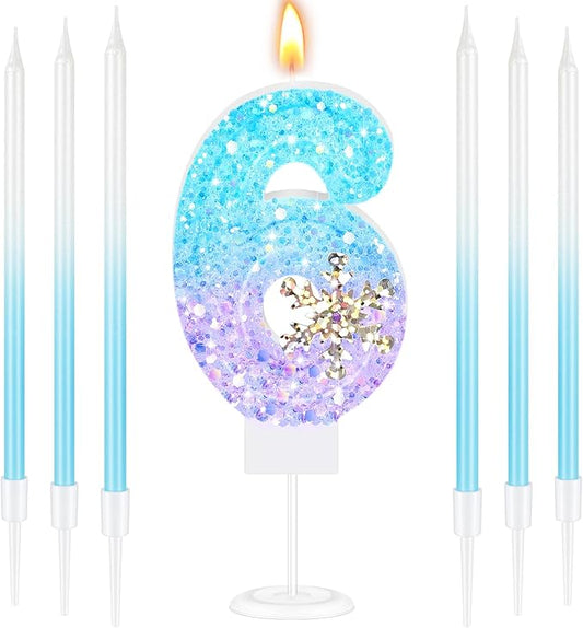 MTLEE Number 6 Birthday Candle Blue Snowflake with 6 Long Thin Cupcake Candles Blue Sparklers Glitter Number Happy Birthday Cake Topper Decorations for Winter Party Supplies