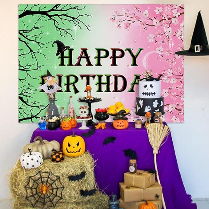 Mocsicka Pink and Green Happy Birthday Backdrop Witch Party Decorations Banner Party Supplies for Movie Party Decorations Banner Photo Props (Pink and Green, 10x7ft(120"x82"))