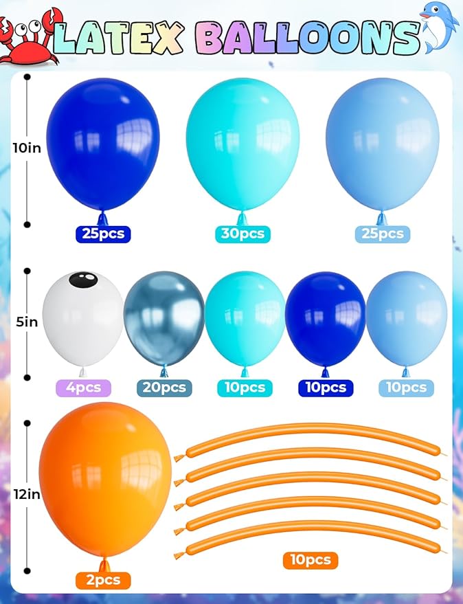 Under The Sea Balloon Arch Garland Kit, 154Pcs Ocean Themed Party Decorations with Blue Balloons, Marine Animals Foil Balloons for Ocean Theme Birthday Baby Shower Wedding Party Supplies
