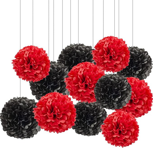 XIKSXITN 12 pc Black Red Tissue Paper Pom poms-Hanging Paper Pom Poms Paper Flowers Ball for Party Decorative(10&12 inch)