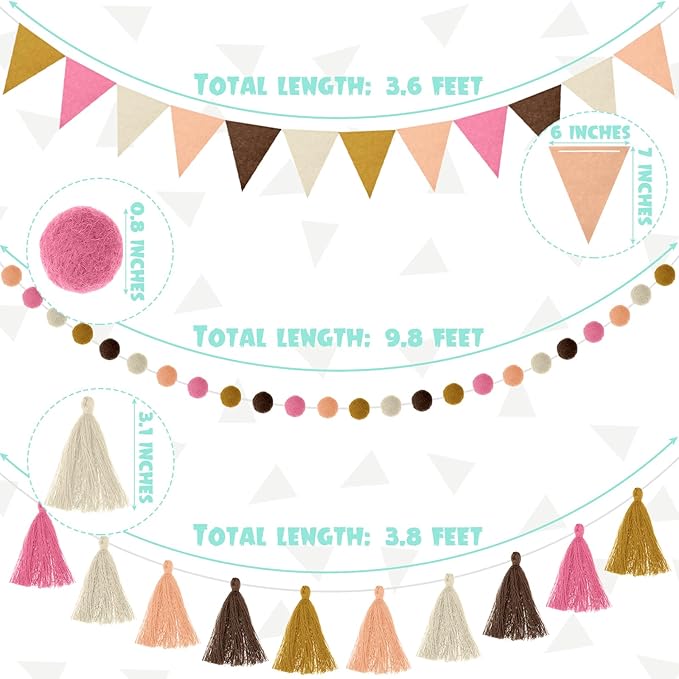 Irenare 9.8 ft Pom Pom Garland Felt Rainbow Garland 2026 Graduation Party Decoration Colorful Pennant Tassel Banner Back to School Birthday Triangle Banner for Classroom School Mantel(Boho Color)