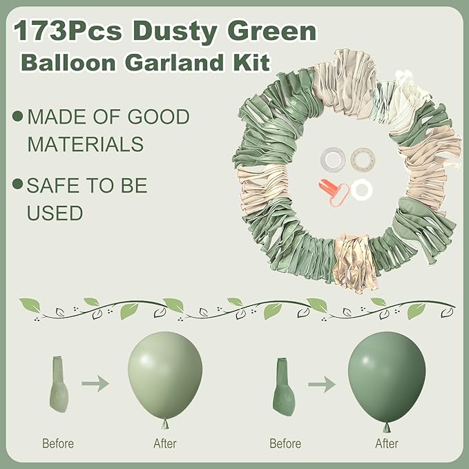 Amandir 173Pcs Dusty Green White Sand Balloon Arch Garland Kit, Beige Cream Mist Olive Light Sage Green Gold Confetti Balloons for Birthday Baby Shower Woodland Wild One Wedding Party Decorations