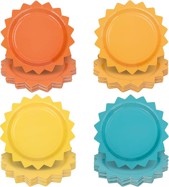 FYSUIMU 48 Pcs Here Comes The Son Party Plates Boho Sun Paper Disposable Plates 7 Inch Colored Sunshine Shape Tableware for First Trip Around the Sun Baby Shower 1st Birthday Summer Table Decor