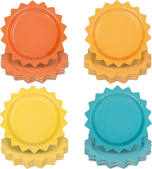 FYSUIMU 48 Pcs Here Comes The Son Party Plates Boho Sun Paper Disposable Plates 7 Inch Colored Sunshine Shape Tableware for First Trip Around the Sun Baby Shower 1st Birthday Summer Table Decor