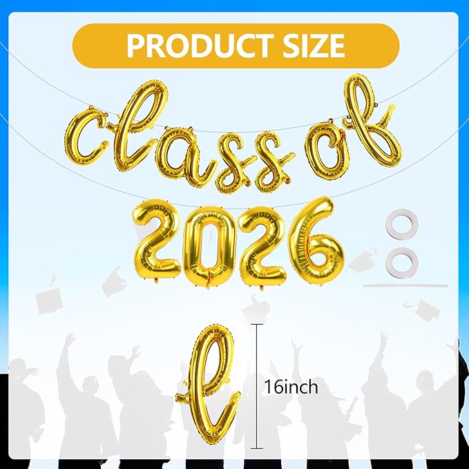TONIFUL Gold Cursive Class of 2026 Graduation Balloon Banners 2026 commencement Decor Grad Foil Balloons 2026 Congrats Grad Balloons for Class of 2026 Congratulation Graduation Party Supplies