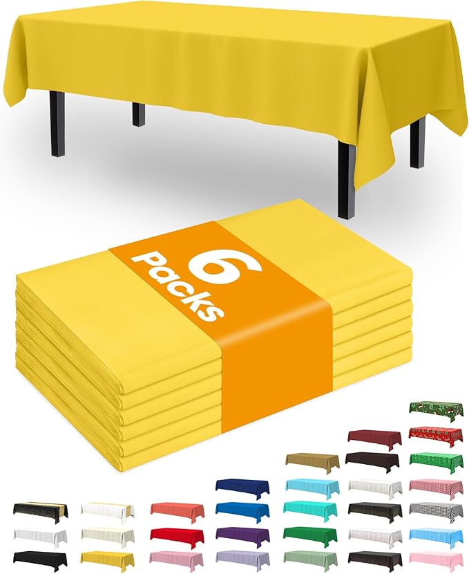 Pureegg Plastic Table Cloth Disposable 6 Pack, 54 x 108 Inch Table Cloths, Easter Party, Decorative Tablecloths, Rectangle, Lemon, Pastel Plastic Cover, Waterproof, Yellow
