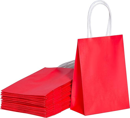 SUNCOLOR 25 Pack Small Red Gift Bags with Handles, 5.9x4.7x2.4 Inches Recyclable Kraft Paper Goodie Bags for Party Favors, Birthdays, Weddings, Christmas