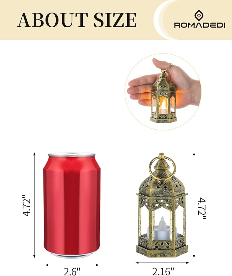 Romadedi Decorative Mini Lanterns for Centerpieces - Set of 10 Gold Vintage Small Candle Lantern Bulk with Remote for Wedding Table Decor Party Ramadan Christmas Halloween, Batteries Included