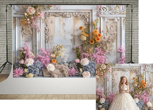 Kate Vintage Baroque Wall Photography Backdrops 10x6.5ft Victorian Floral Decor Background Frame Pink Blue Flowers Photography Studio Props for Wedding Birthday Party Shoot