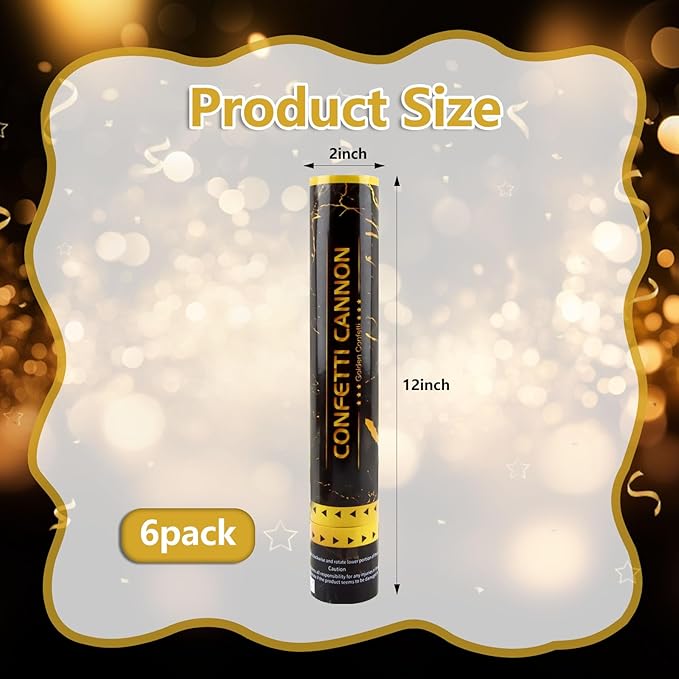 6 Pack Gold Confetti Poppers, 12 Inch Confetti Cannon Party Poppers Shooters for Birthday, Wedding, Graduation, Anniversary, Parties, Christmas, New Year's Eve