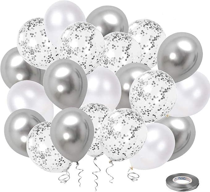 White Silver Confetti Latex Balloons, 50 Pack 12inch Silver Metallic Party Balloon Set with Silver Ribbon for Wedding Birthday Baby Shower Decorations