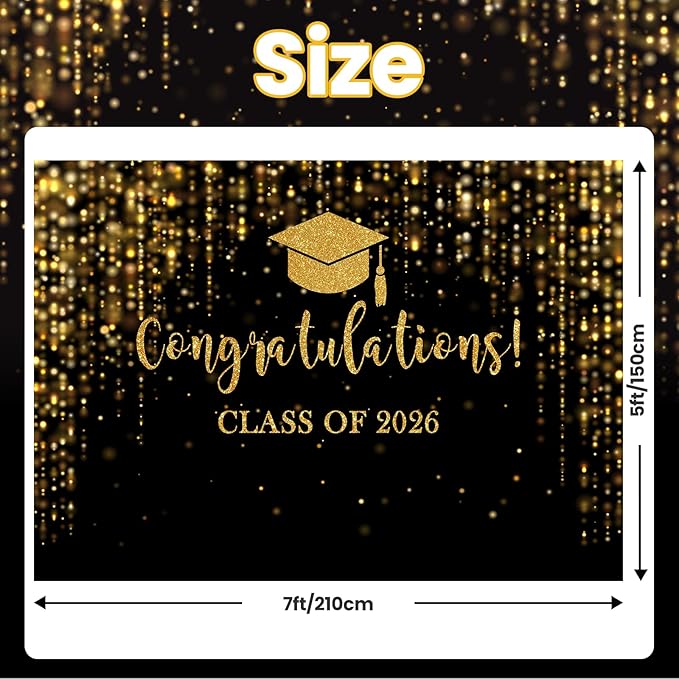 Mocsicka Class of 2026 Backdrop Black Gold Glitter Bokeh Graduation Party Background 2026 Congrats Grad Prom Party Decoration Photo Booth Props (7x5ft)