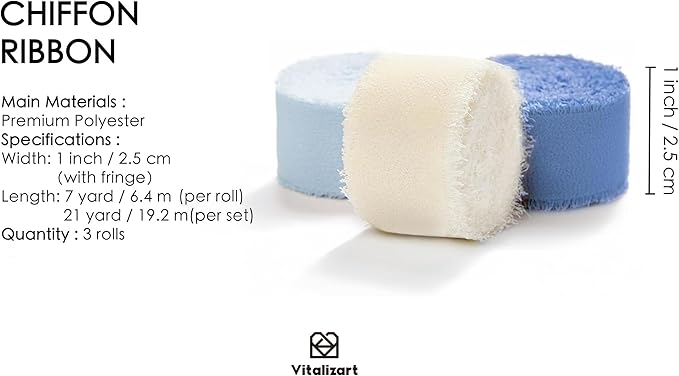 Vitalizart Dusty & Baby Blue Chiffon Silk Ribbon 1" x 21 Yd Fringe Fabric Package (3 Rolls * 7 Yd) for Wedding Invitations Bridal Bouquets Decorations Gifts Wrapping & Bow Making