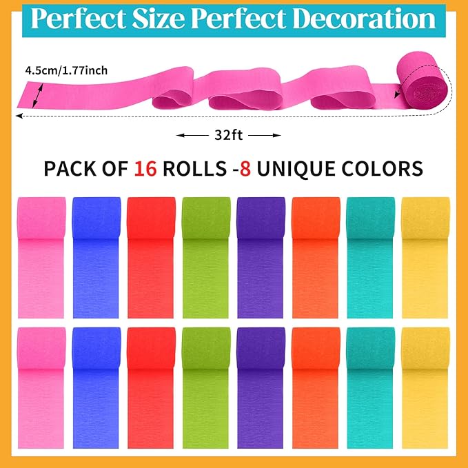Watersay 16 Rolls Rainbow Crepe Paper Streamers 528 ft Colorful Classroom Party Decoration Back to School Classroom Ceiling Decor Graduation Party Streamers for Festivals Birthday Theme Wedding Indoor
