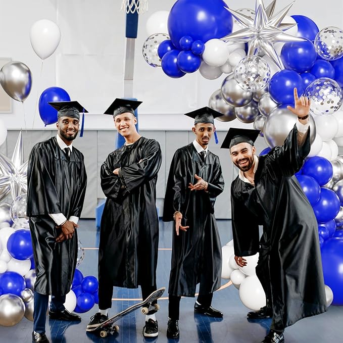 Blue White Silver Balloon Arch Kit, 130Pcs Blue and Silver Graduation Decorations with Foil Star Silver Confetti Balloons for College High School Graduation Decorations Class of 2026