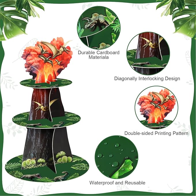 Zopeal 3 Tier Dinosaur Cupcake Stand Dinosaur Theme Cupcake Holder Dino Jurassic Volcano Dessert Tower for Kids Birthday Baby Shower Dino Theme Party Supplies