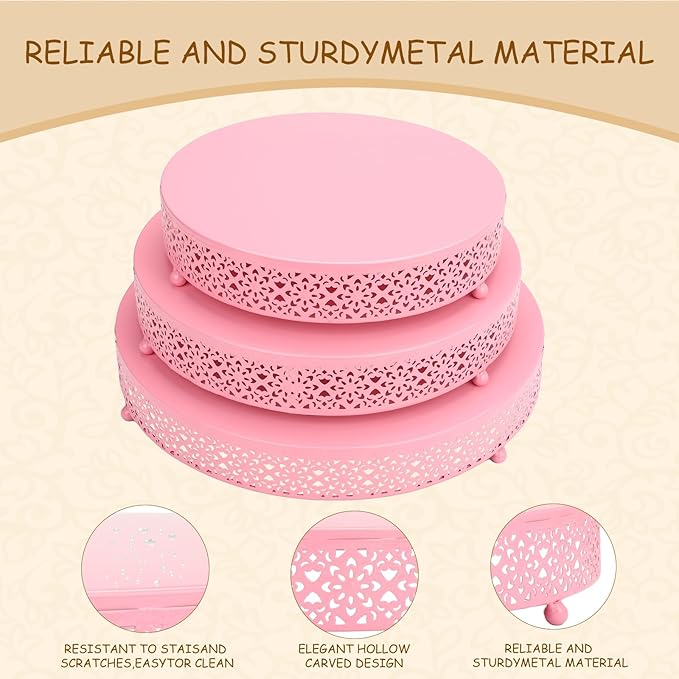 Pyrrhiax 3 Piece pink cake stand Set 16'' 14'' 12'' Round Metal Cake Stands Cupcake Stand Riser Pastry Candy Display Plate for Dessert Table Wedding Event Birthday Anniversary Party (Pink)