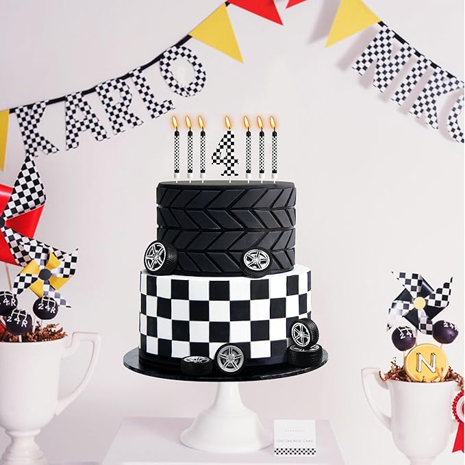 13 Pcs Racing Cars Themed Birthday Candles, Black and White Checkered Birthday Cake Candles, Numeral 4 Candle Wheel Tire for Racing Car Party Decoration Theme Party Supplies