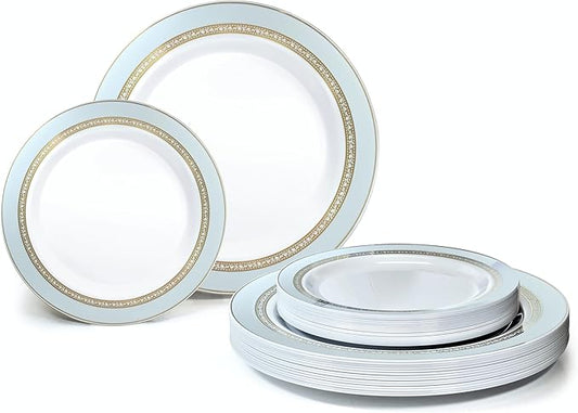" OCCASIONS " 120 Plates Pack,(60 Guests) Heavyweight Premium Wedding Party Disposable Plastic Plates Set -60 x 10.5'' Dinner + 60 x 7.5'' Salad/Dessert (Ritz Blue and Gold)