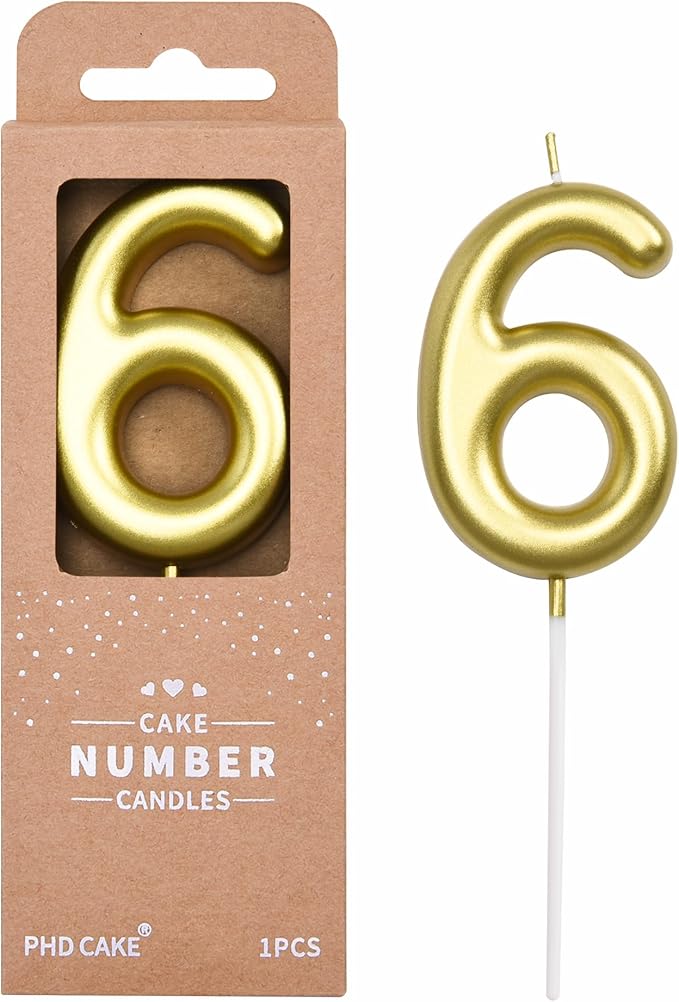 PHD CAKE 2.76 inch Classical Gold 6 Number Birthday Candles, Gold and Cake Number Candles for Party Celebration