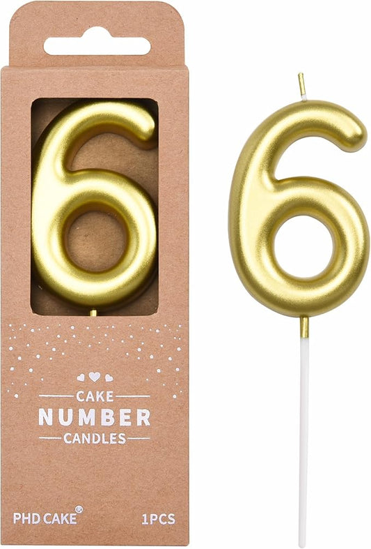 PHD CAKE 2.76 inch Classical Gold 6 Number Birthday Candles, Gold and Cake Number Candles for Party Celebration