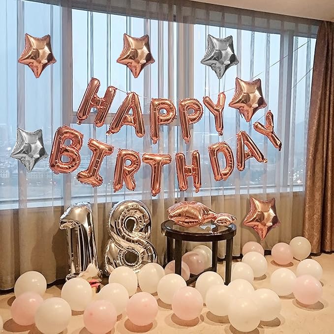 CANREVEL Happy Birthday Banner 13pcs 16 Inch Mylar Foil Letters Sign with 8pcs Star Balloons Birthday Party Decorations for Kids and Adults - 3D Rose Gold