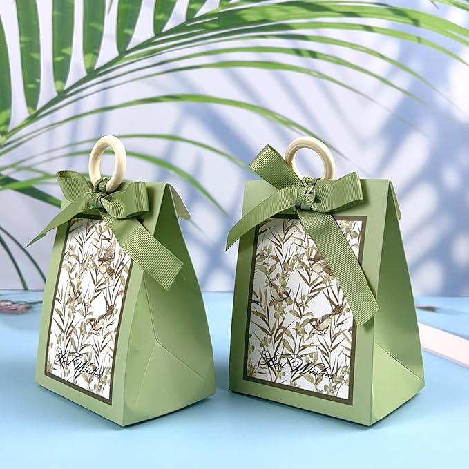 20PCS Mini Gift Bags, Bird & Flower Goodie Bags with Ribbon Handle for Party Favors Treat Boxes Wedding Bridal Baby Shower Birthday Party Presents 3.9"x2.6"x1.4"(Sage Green)
