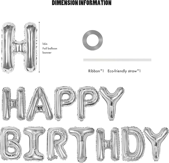 CANREVEL Happy Birthday Banner 13pcs 16 Inch Mylar Foil Letters Sign Balloons Birthday Party Decorations for Kids and Adults - 3D Silver