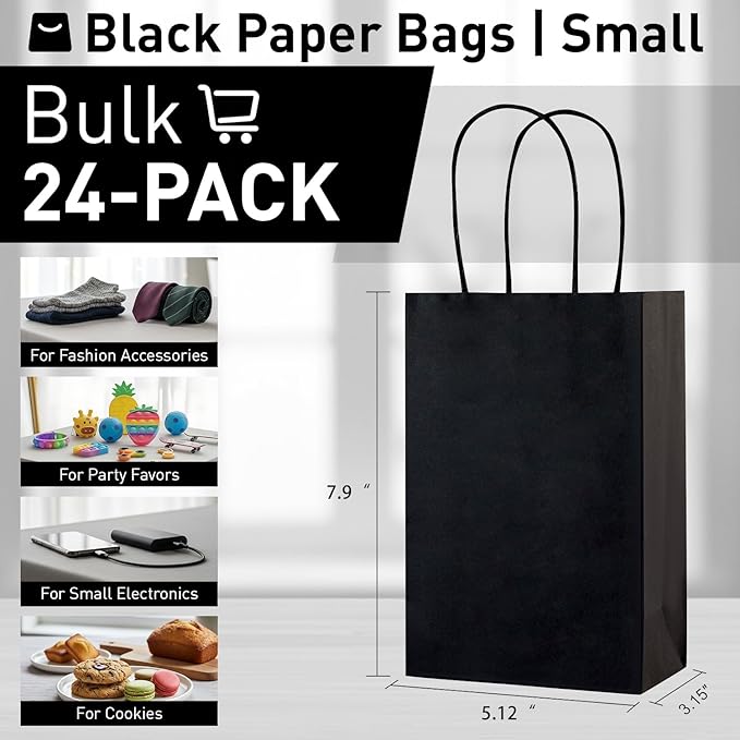 SUNCOLOR Black Gift Bags With Handles, 24 Pack Small Kraft Paper Party Favor Bags, 7.9 x 5.12 x 3.15 Inches With Tissue Paper for Halloween, Weddings, Corporate Events