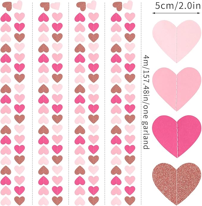 Light-Pink Rose-Gold Valentines Party-Decorations Heart-Garland - 52ft Red Galentines Streamers Banner,Women Romantic Special Night Wedding Bachelorette Bridal Shower Birthday Backdrop Decor Burgleda