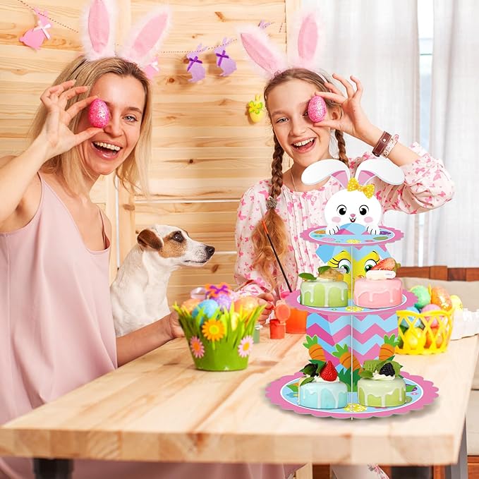 Zopeal 3 Tier Happy Easter Cupcake Stand Party Decorations Bunny Cupcake Holder Colorful Eggs Cake Holder Dessert Stand for Easter Party Supplies Birthday Baby Shower Decorations