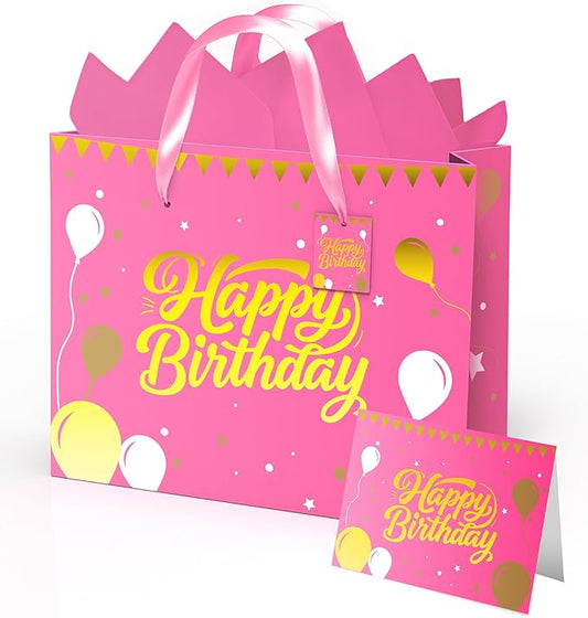 Pink Birthday Gift Bag for Girls – 12.5 Inch Medium Size with Tissue Paper and Greeting Card – Perfect for Women or Mom (1 Piece, Foil Stamping)