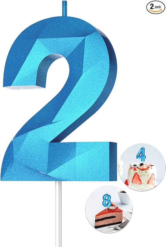 Number Birthday Candles(2 Candle Blue) 3D Diamond Shape Number Happy Birthday Cake Candles for Birthday Party Wedding Decoration Reunions Theme Party