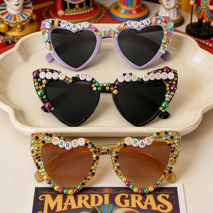 3 PCS Carnival Sunglasses for Women,Purple Yellow Black Beads Heart Sunglasses,Heart Shaped Glasses for Carnival Outfit Accessory Party Decorations,Carnival Party Favors