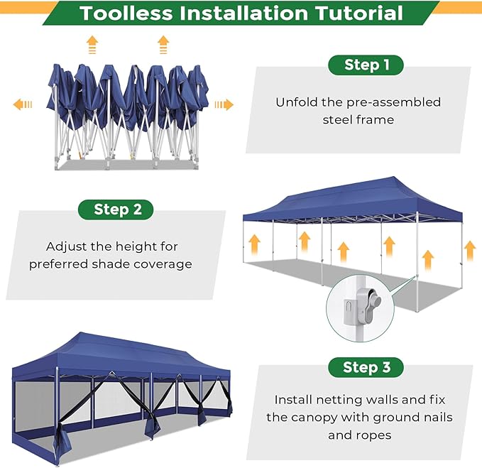 COBIZI 10x30 Heavy Duty Pop Up Canopy with 8 Mosquito Netting Wall, Easy Set Up Commercial Gazebo Party Tent, Outdoor Instant Screen Canopy for Backyard, Patio, Garden, Dark Blue