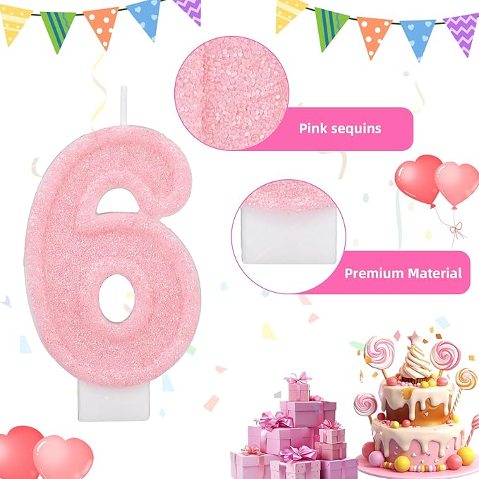 Pink Number Birthday Candles, Romantic Cake Glitter Pink Number Candles Anniversary Cake Topper Decoration Cute Birthday Party Supplies for Wedding Anniversary Celebration Supplies (6)