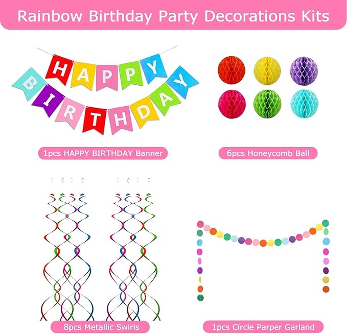 Happy Birthday Banner, Rainbow Birthday Banner, 6 Honeycomb Balls, 8 Metallic Hanging Swirls and Circle Parper Garland, Happy Birthday Decorations for Girls Women men Party Decorations