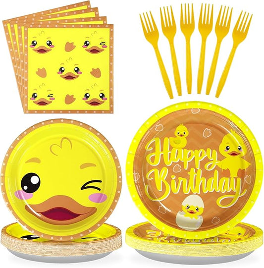 96Pcs Duck Birthday Party Decorations Cartoon Yellow Duck Themed Plates and Napkins Tableware Set Duckie Baby Shower Party Decorations for Gender Reveal One Lucky Ducks Birthday Supplies Serve 24