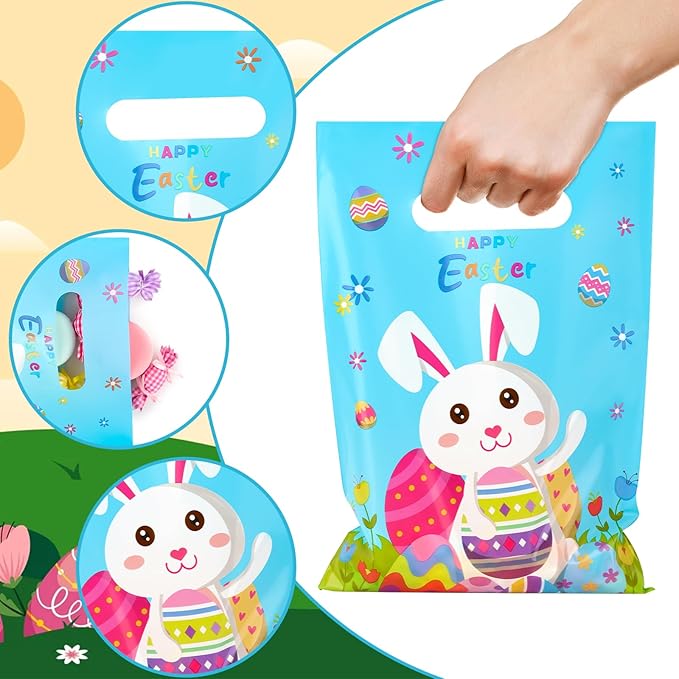 Hxezoc 50 Pieces Happy Easter Gift Bags with Handles Plastic Cute Bunny Goodie Bags Practical Gift Bags Spring Party Favors for Easter Day Egg Hunt Party Birthday Party Decoration Supplies