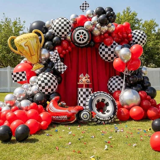 Race Car Balloons Arch Kit -Trophy, Flags, Cars, Tire, Checkered, Wheels and Red Black Silver Balloon Garland Kit for Racing Car Theme Two Fast 2nd One Theme 1st Boy Birthday Party Decoration