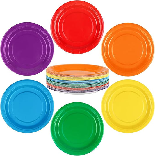 Breroa 72 Pieces Rainbow Paper Plates 7 Inch Bulk Paper Plates Disposable Round Dessert Plates Heavy Duty Solid Color Paper Plates Table Decors Party Supply for Birthday, Dinner, Wedding
